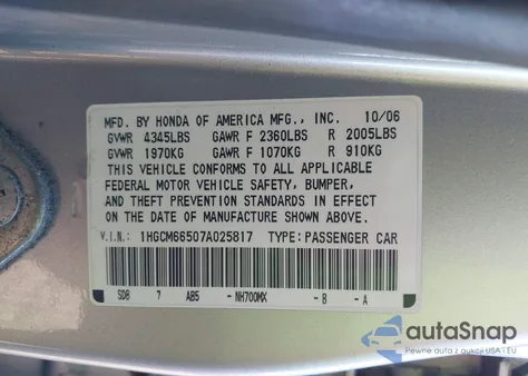 2007 Honda Accord 3.0 Ex из США, поврежденный, VIN 1HGCM66507A025817